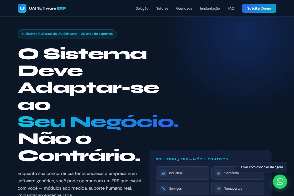 Página inicial do Sistema ERP desenvolvido pela UAI Software